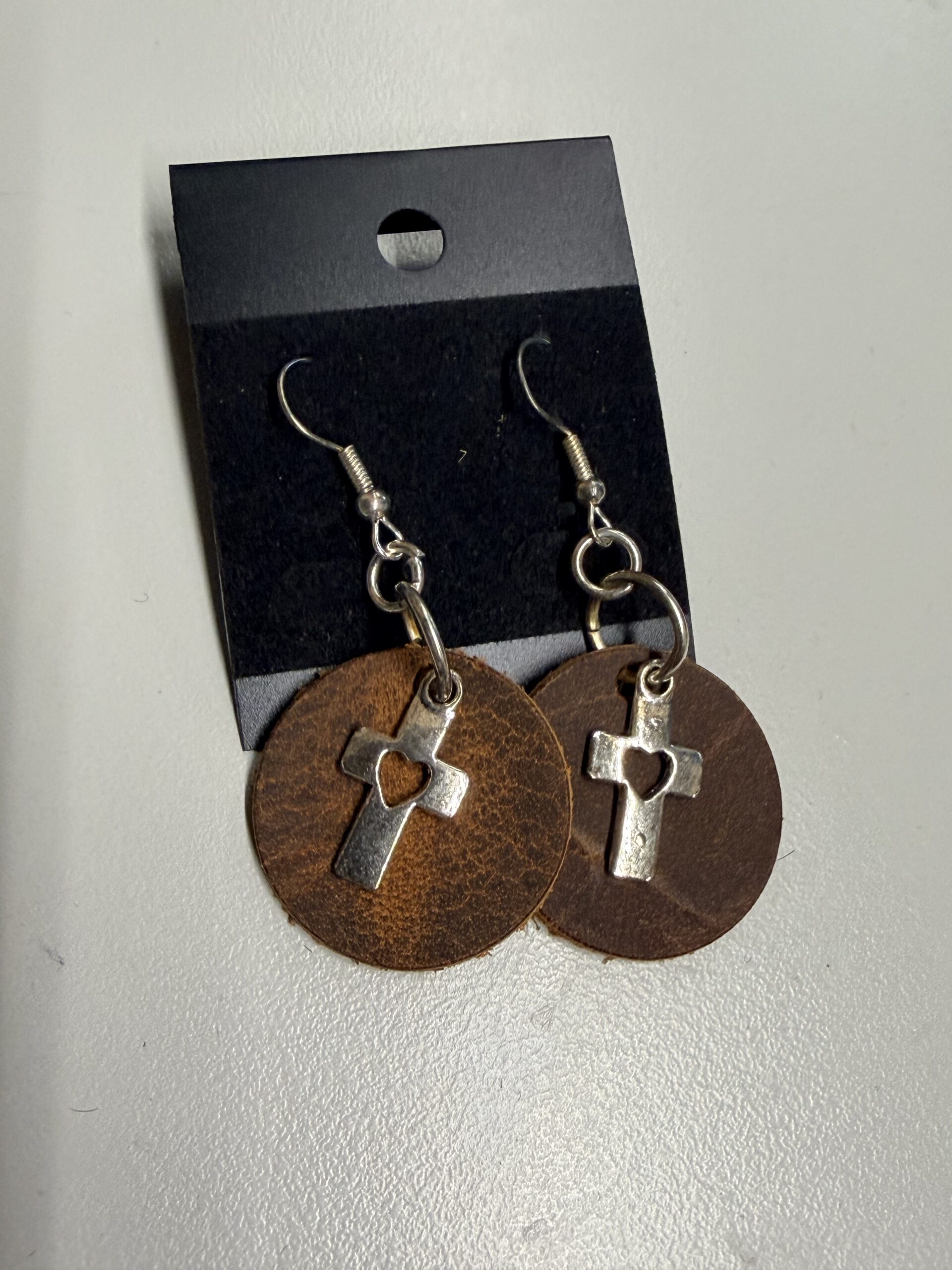 Real Distressed Leather 1inch Round Earrings with Silver Heart cutout Cross Charm on Silver Ear Wires