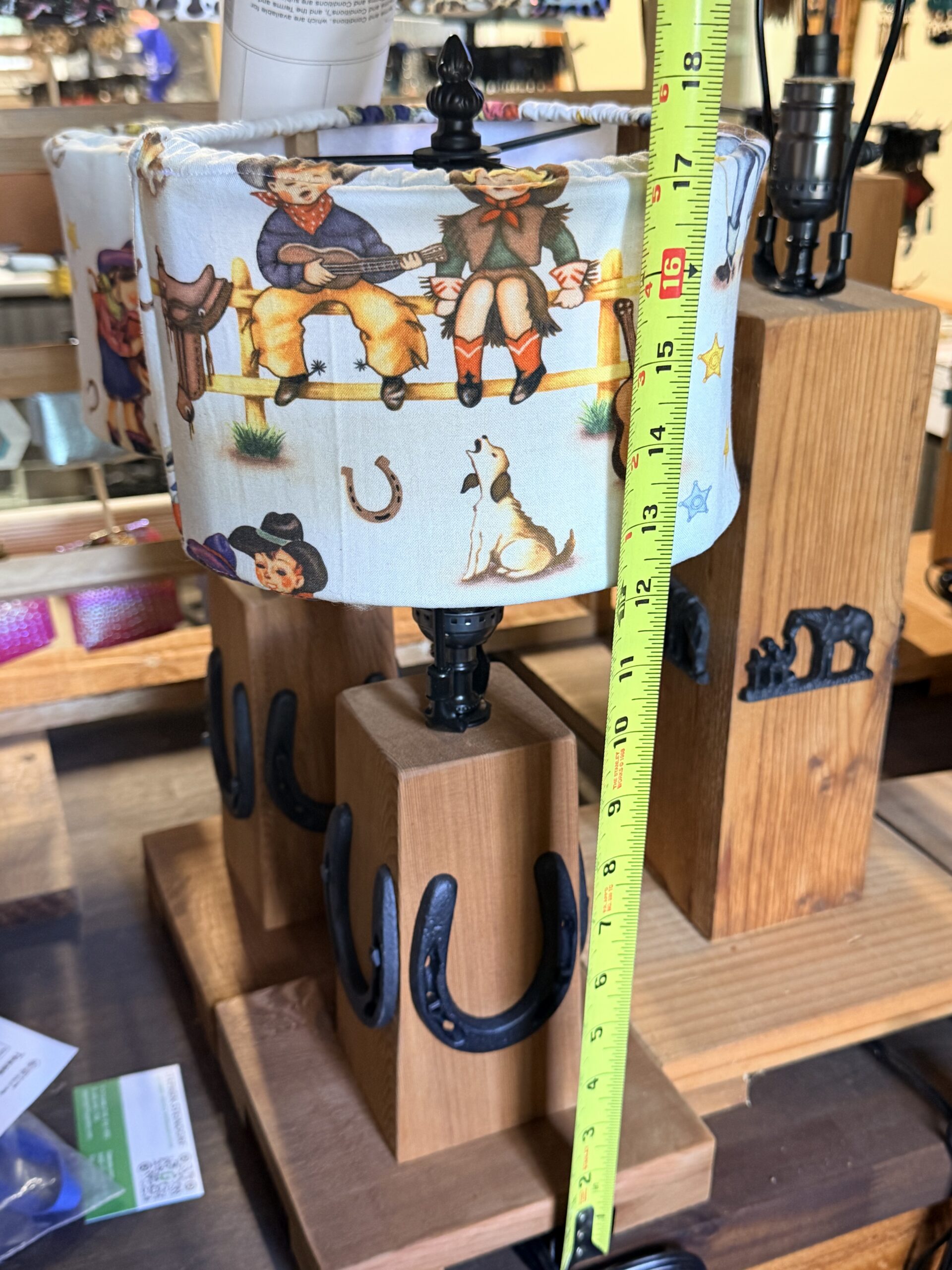 Western Red Cedar Childs Lamp with 4 Black Horseshoes and Country Rodeo fabric Lampshade - Image 2